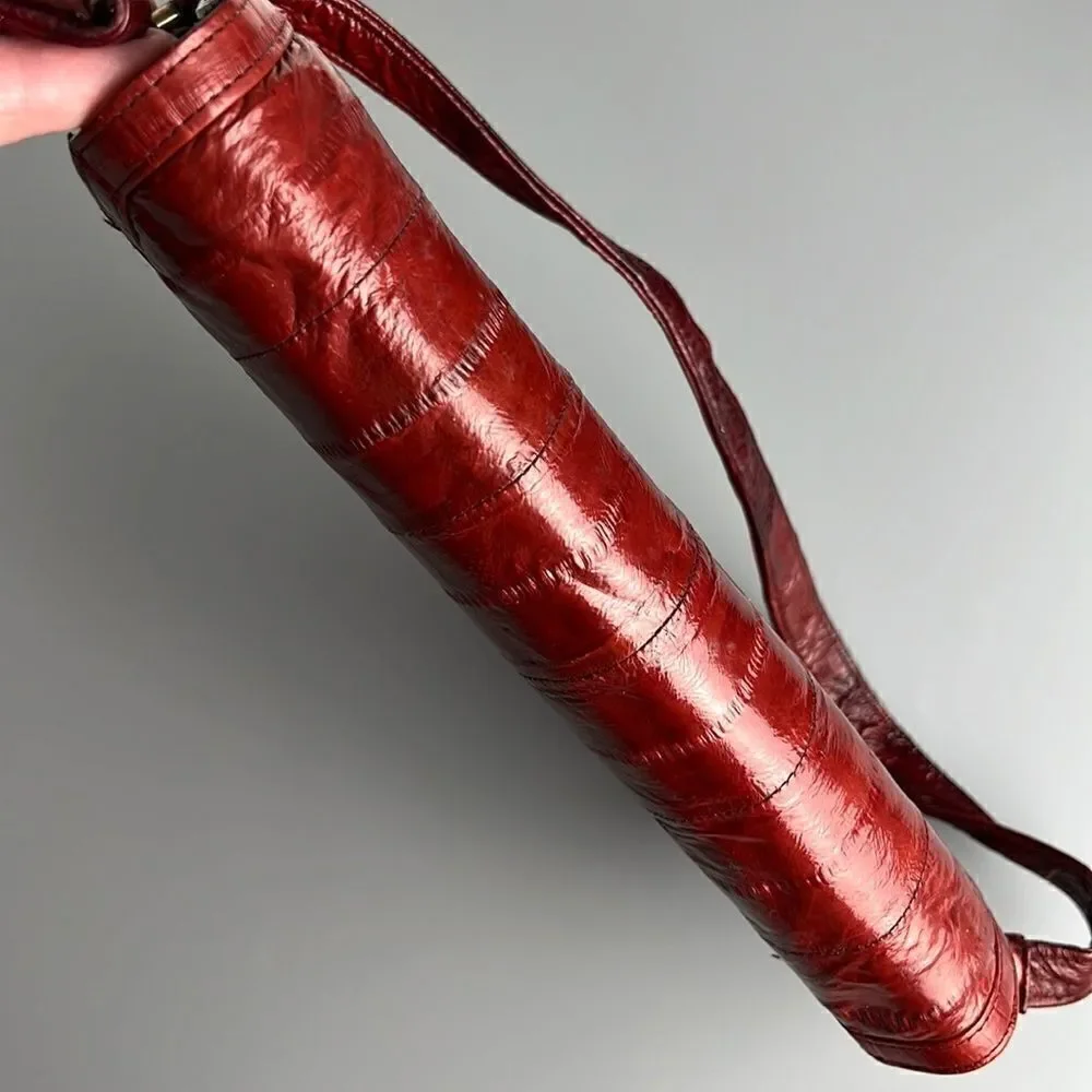 Vintage Real Eel Skin Maroon Clutch Shoulder Bag Purse